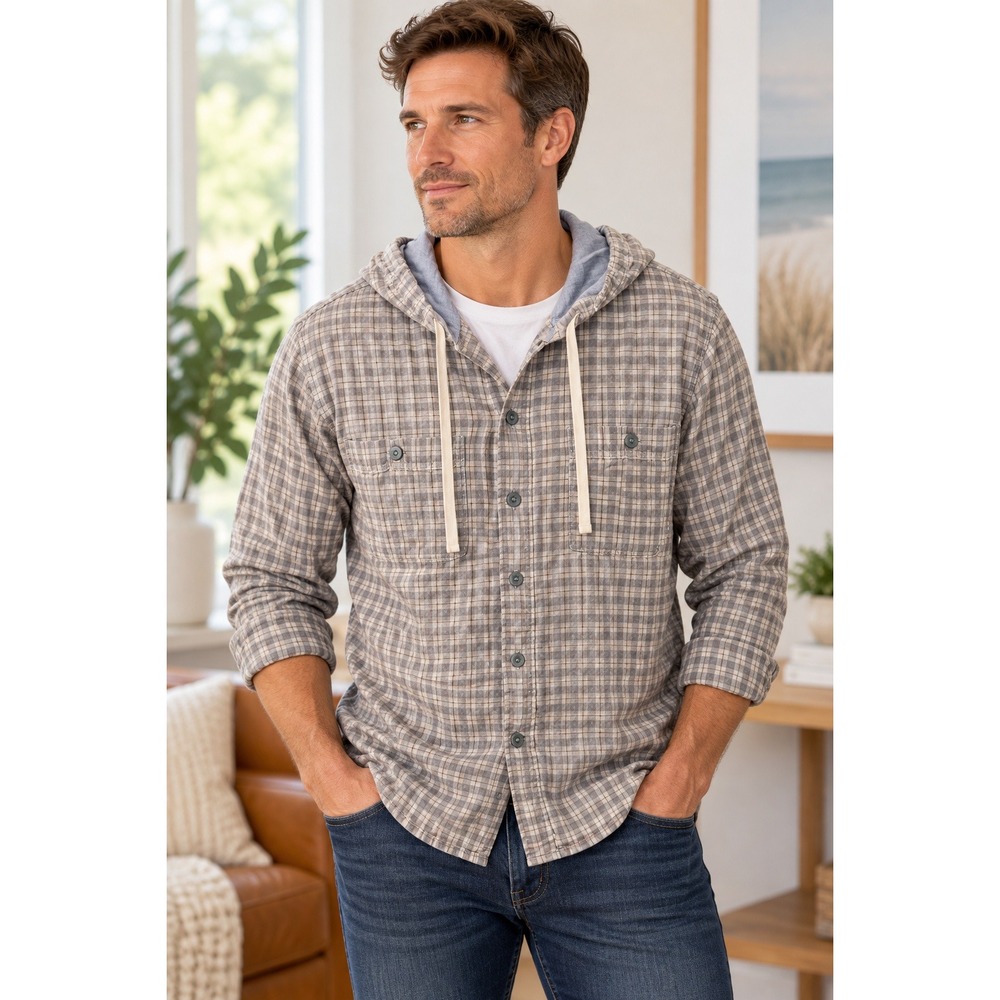 Vince Mens XL Grey Plaid Hooded Button Down Shirt Cotton Long Sleeve Hoodie